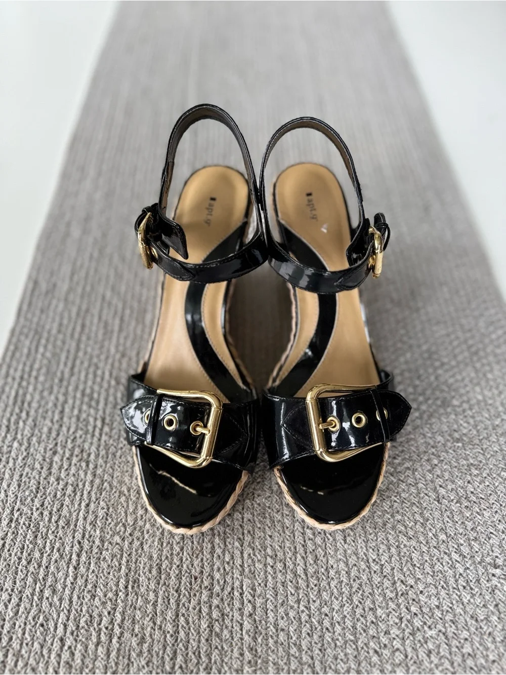 Apt. 9 Black Patent Ankle Strap Wedge Sandals with Oversized Gold Buckles Sz 9